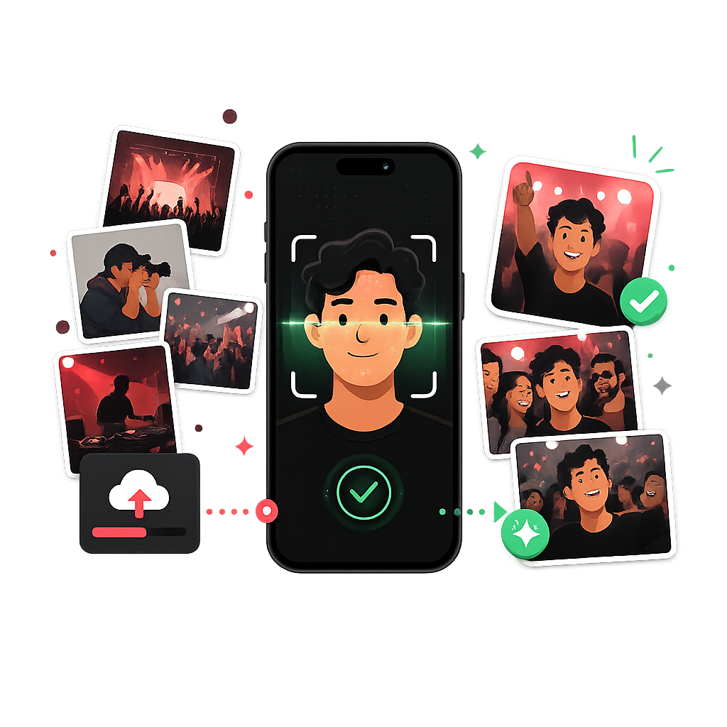 Phone scanning a guest's face and matching their photos from an event gallery
